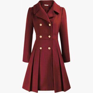 GRACE KARIN Lapel Double-Breasted a-Line Trench Coat Red Wine Size L NWT